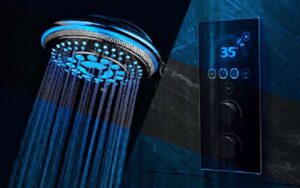 Smart shower system with digital controls and LED lighting showcasing shower trends 2024 for technology-driven, luxurious bathroom design.